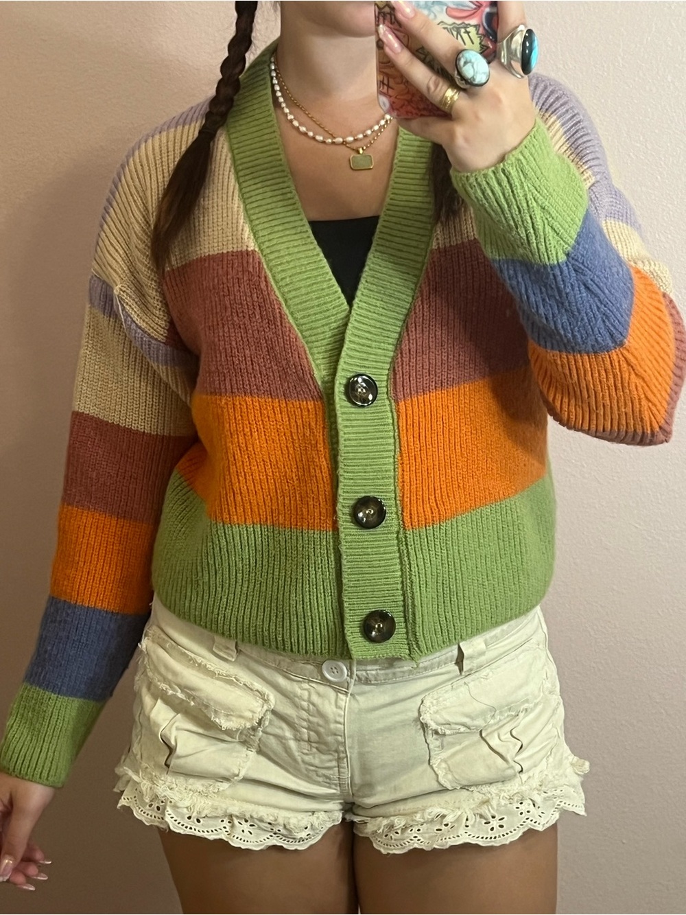 Source Unknown Green Multi Striped V-Neck Button Cardigan